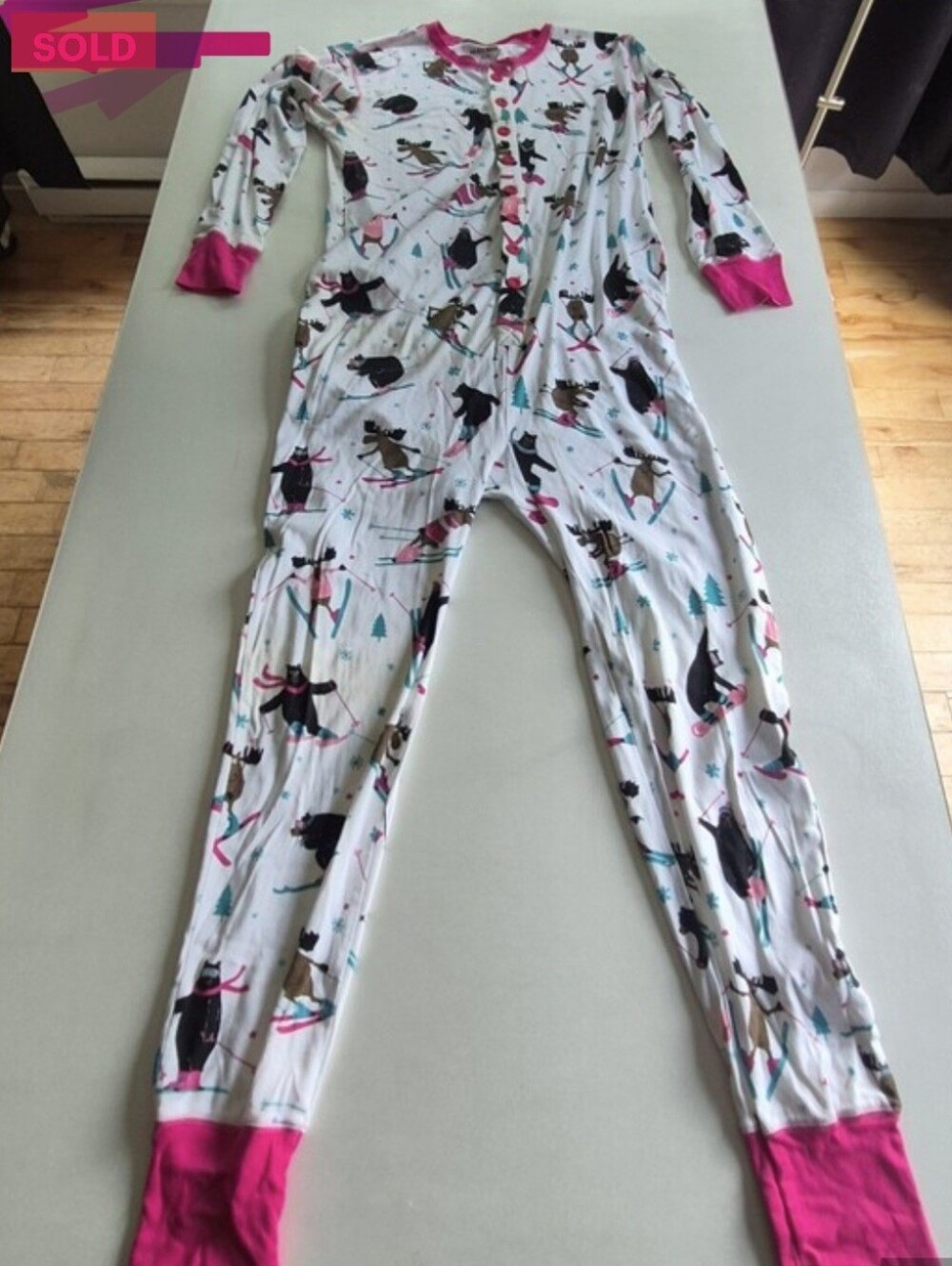 Little Blue House Women's Pink-Trim Ski Bear One-Piece Pajamas